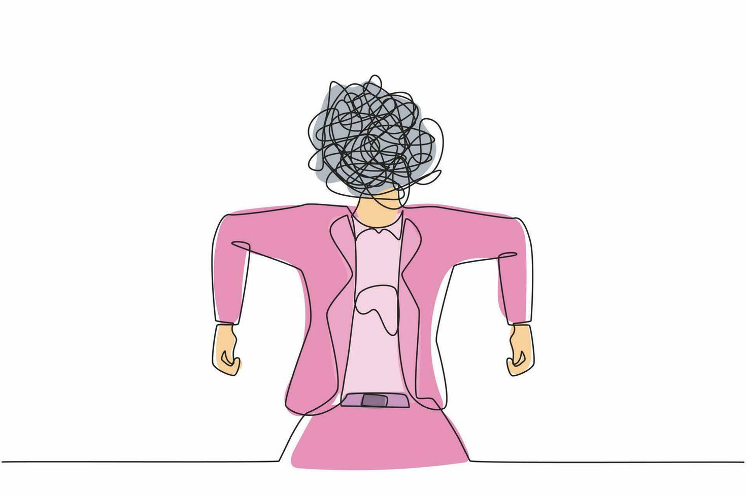 Single continuous line drawing businesswoman with round scribbles instead of a head. Angry female manager. Emotional executive in rage. Feeling anger. One line draw graphic design vector illustration