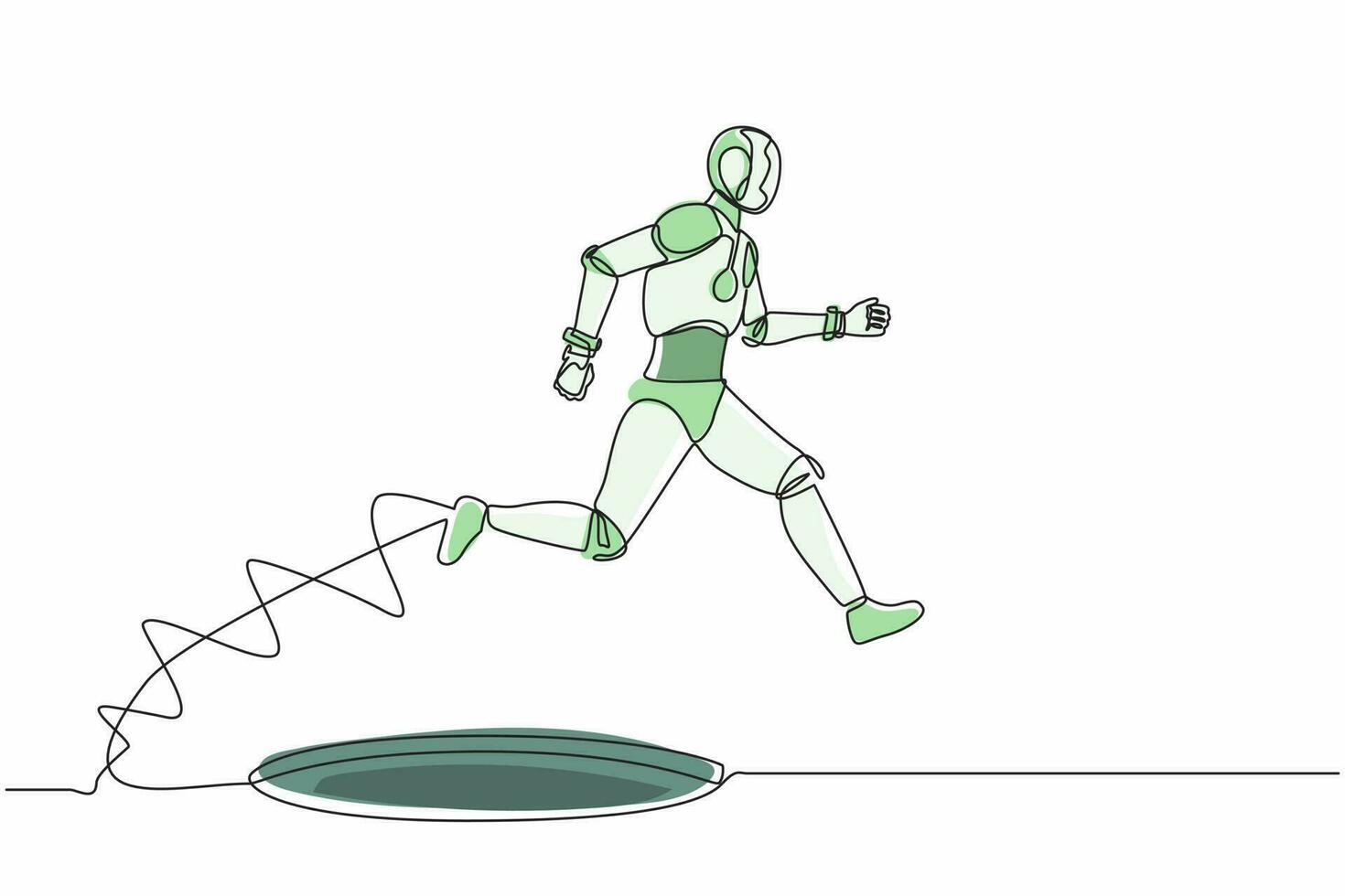 Continuous one line drawing robot jumping through the hole, metaphor to facing big problem. Humanoid robot cybernetic organism. Robotic development. Single line draw design vector graphic illustration