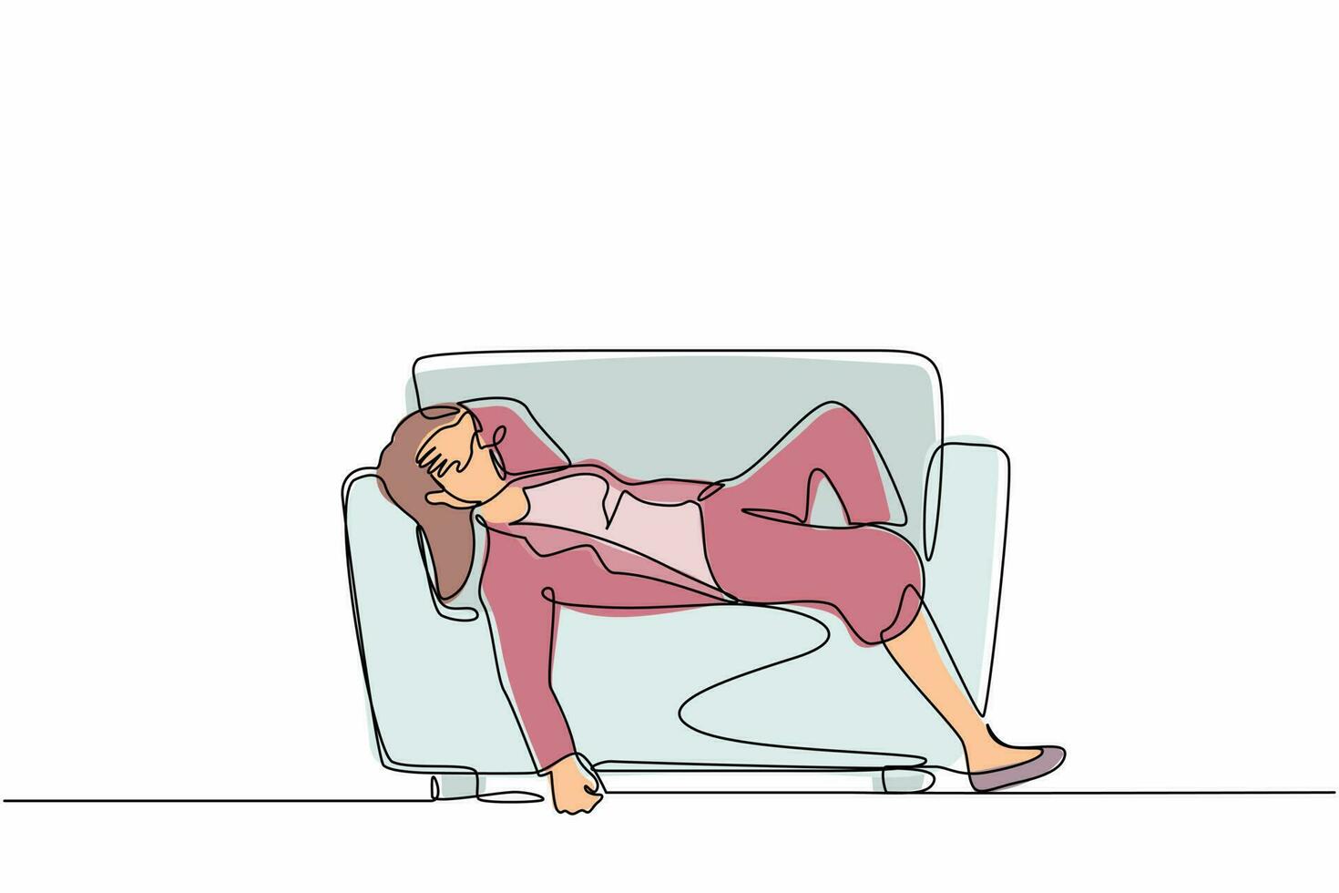 Continuous one line drawing unhappy businessman sad tired sleepy mood resting on sofa. Frustrated worker holding her head lying on couch. Stressed, anxiety, failure. Single line graphic design vector