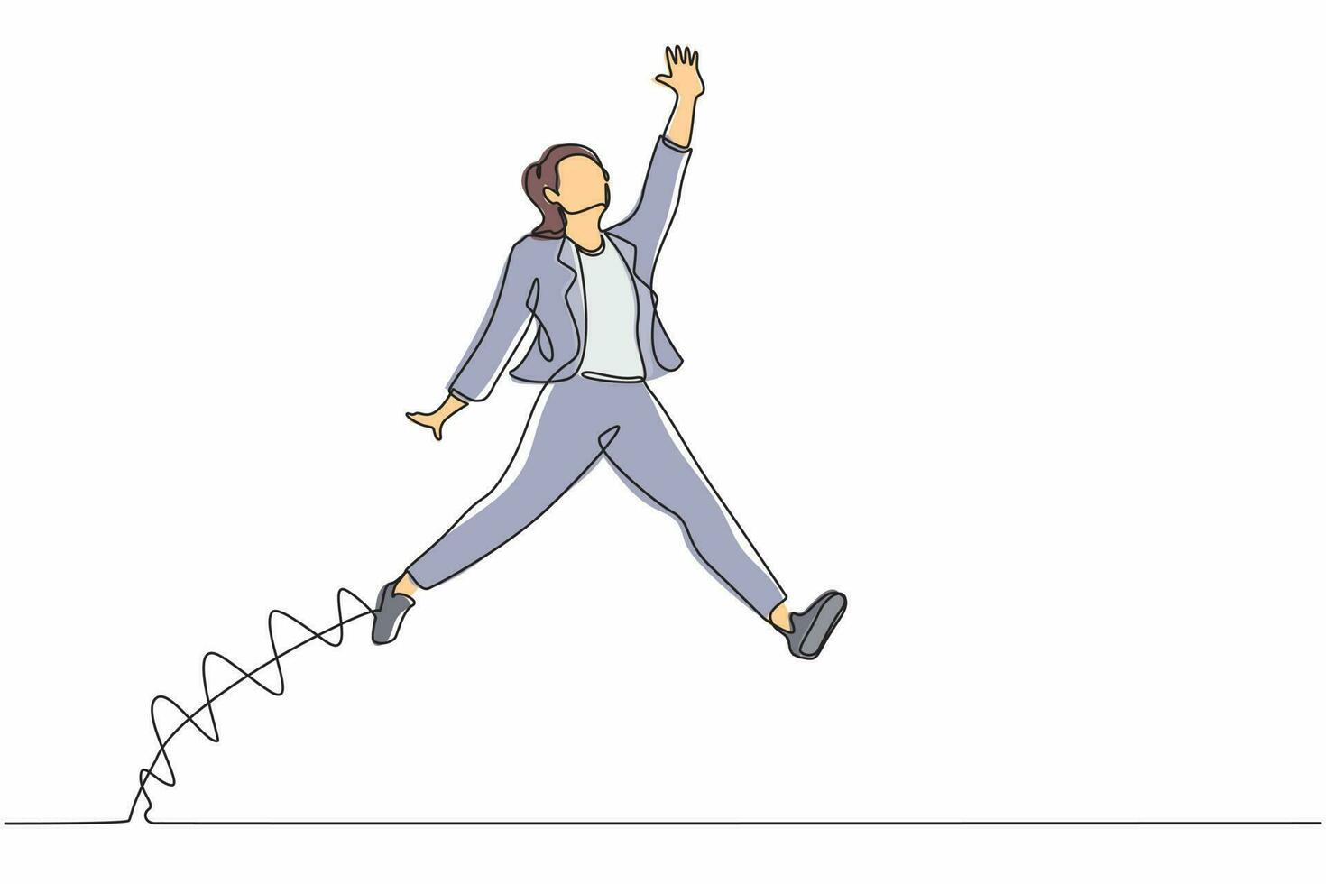 Single one line drawing happy businesswoman jumping with spreads both legs and raises one hand. Saleswoman celebrates salary increase from company. Continuous line design graphic vector illustration