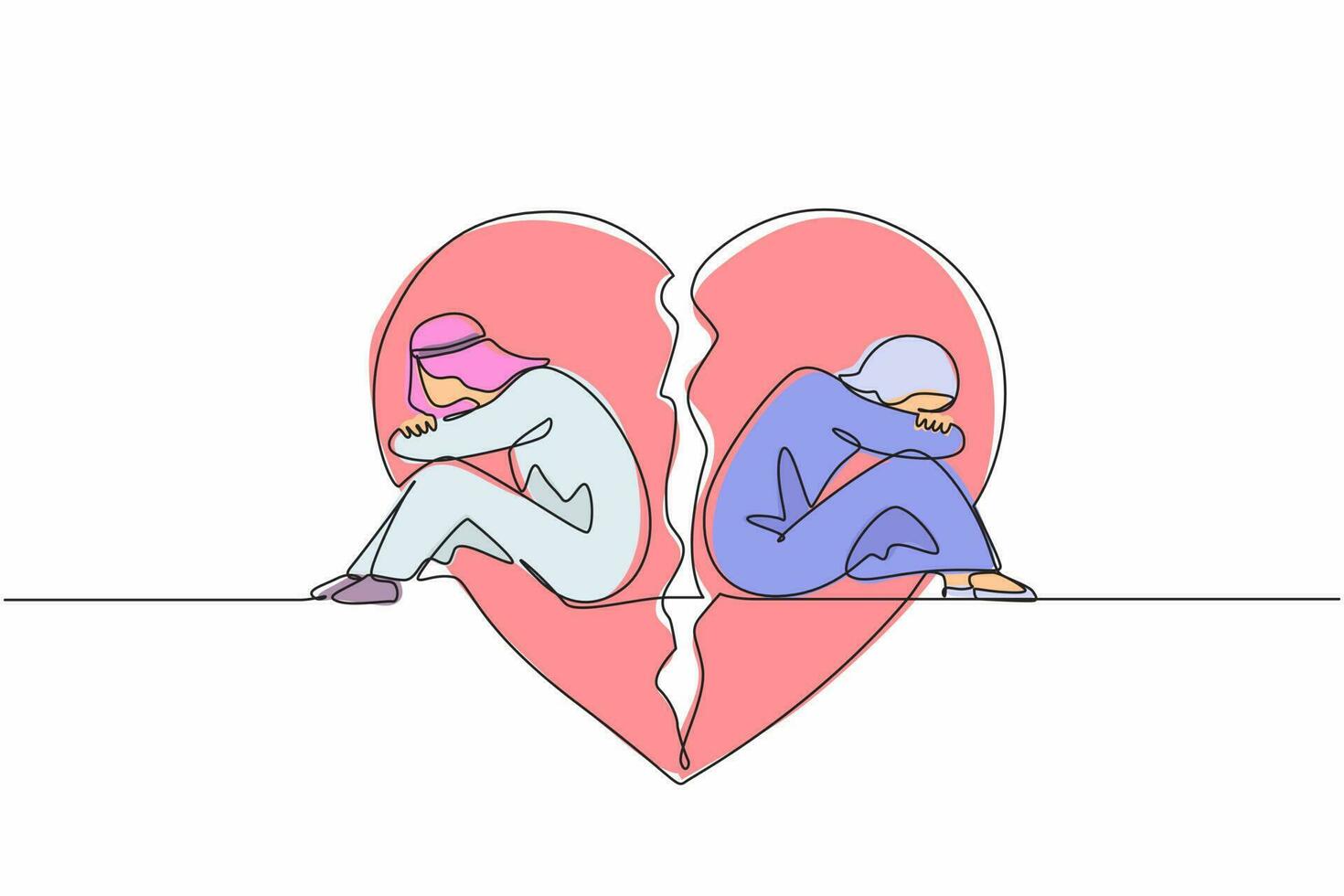 dibujo de una sola línea pareja de hombre y mujer árabes, sentados espalda con espalda, tristes y enojados el uno con el otro. ruptura, problemas de relación, corazón roto, separación. vector de diseño de dibujo de línea continua