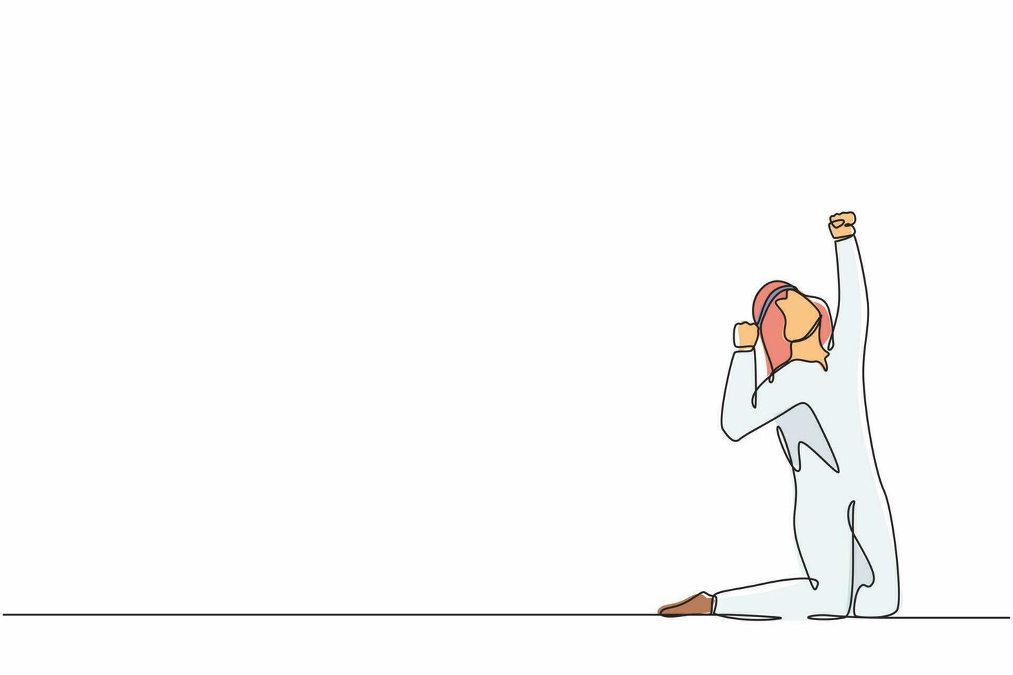 Single one line drawing happy Arabian businessman kneeling with raised one hand high and raised other. Salesman celebrates salary increase from company. Continuous line draw design vector illustration