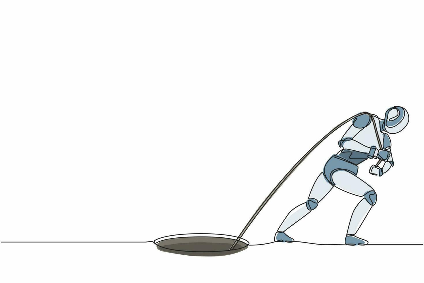 Single one line drawing robot trying hard pulling rope to drag something from hole. Future technology. Artificial intelligence and machine learning. Continuous line draw design vector illustration