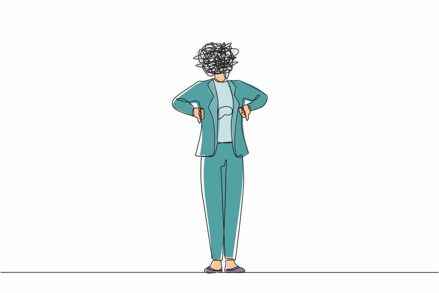 Single continuous line drawing businesswoman with round scribbles instead of head. Confused female manager standing and showing thumbs down sign. Disagreement, dislike. One line graphic design vector