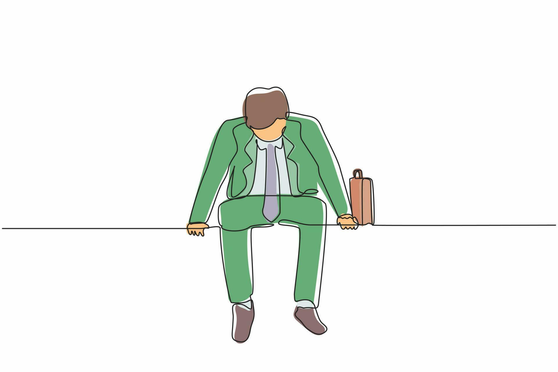 Continuous one line drawing sad businessman sits at bench alone. Man