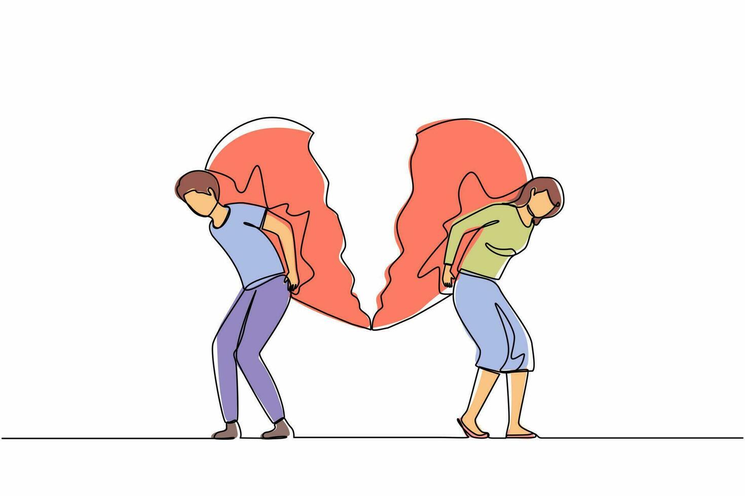 dibujo de una sola línea corazón roto llevado por hombre y mujer. concepto de angustia de divorcio. conflicto familiar. romper relación. pareja casada enojada, triste. vector gráfico de diseño de dibujo de línea continua