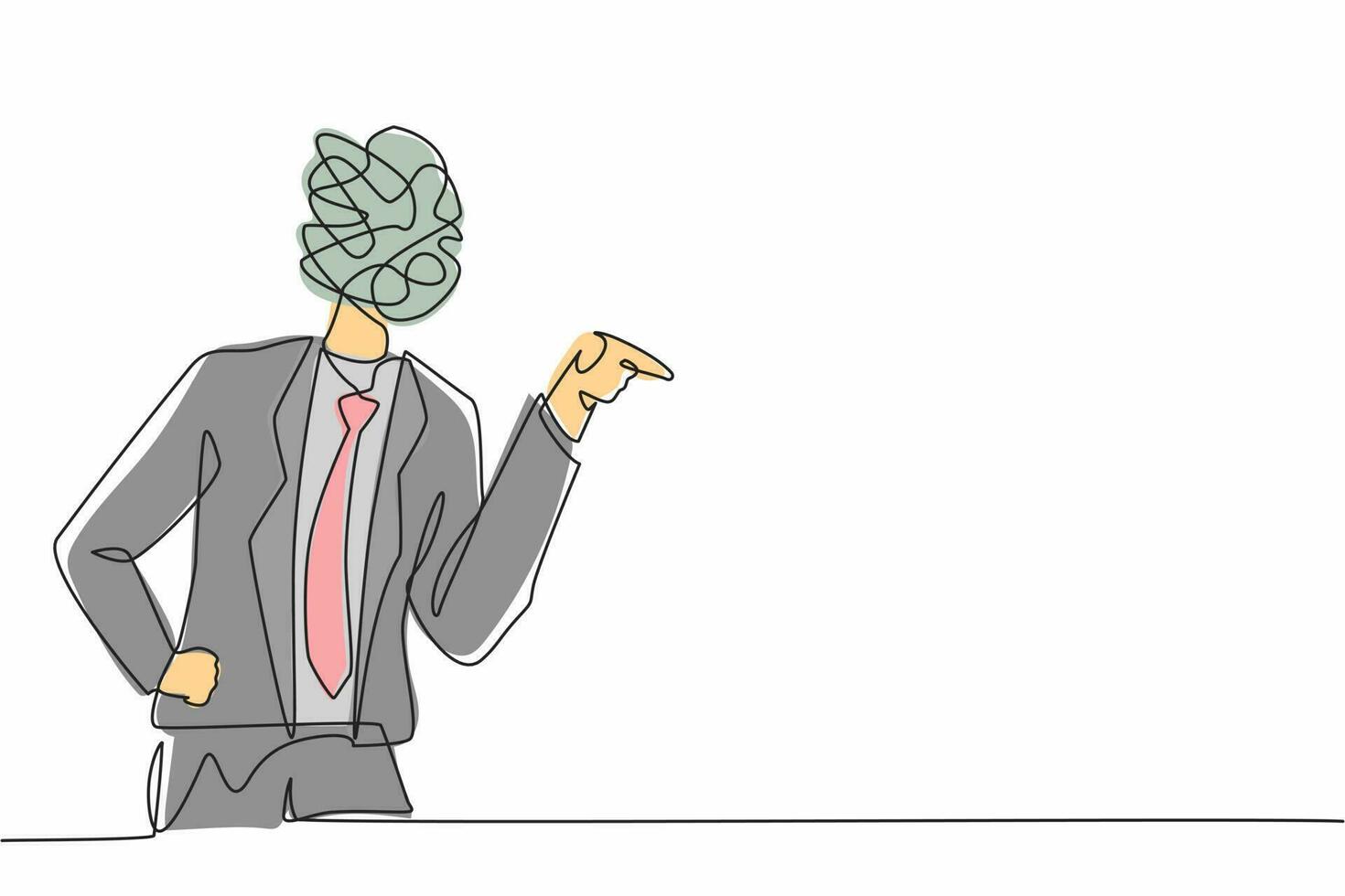 Single continuous line drawing businessman with round scribbles instead of head. Angry worker arguing, conflicting. Quarrel fight aggressive person. Male shouting. One line draw graphic design vector