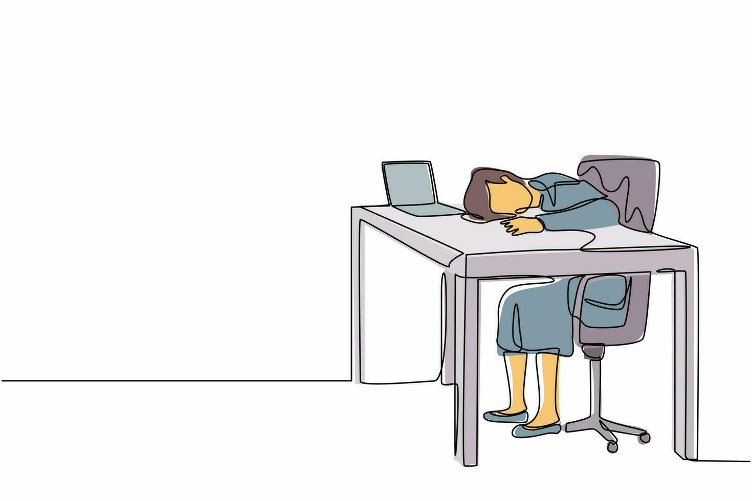 Single continuous line drawing exhausted sick tired female manager in office sad boring sitting with head down on laptop. Frustrated worker mental health problems. One line draw graphic design vector