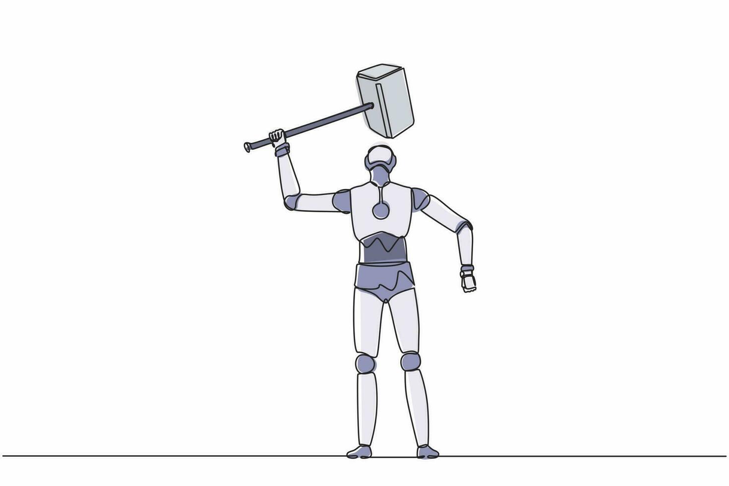 Single one line drawing robot standing and lifting up big hammer. Future technology development. Artificial intelligence machine learning process. Continuous line design graphic vector illustration