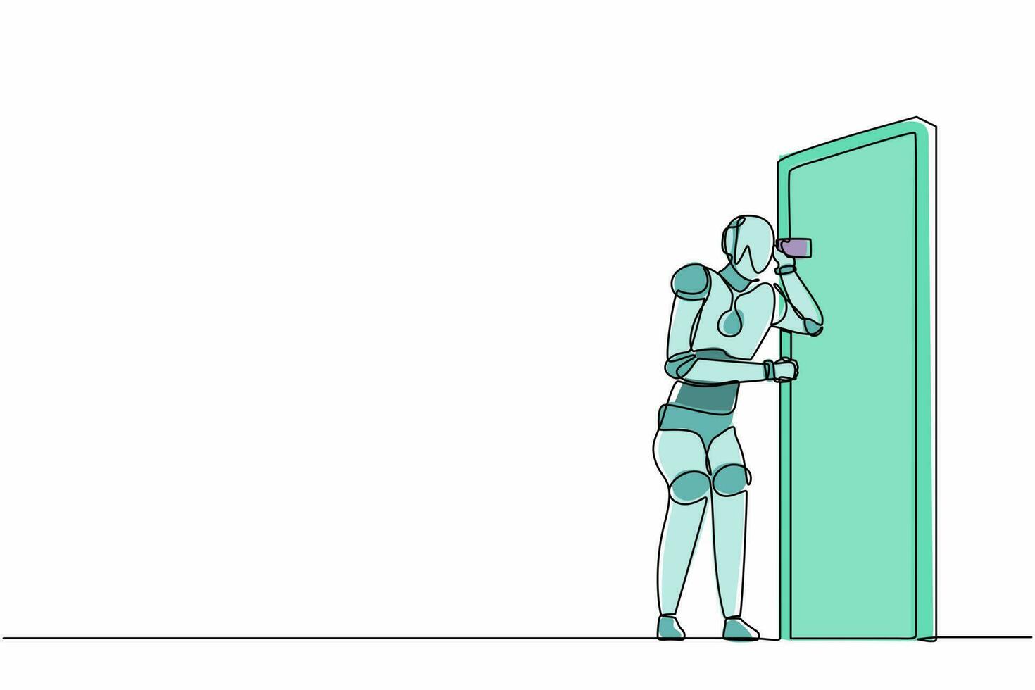 Single continuous line drawing robot eavesdropping and listening to conversation at door. Robotic artificial intelligence. Electronic technology industry. One line graphic design vector illustration