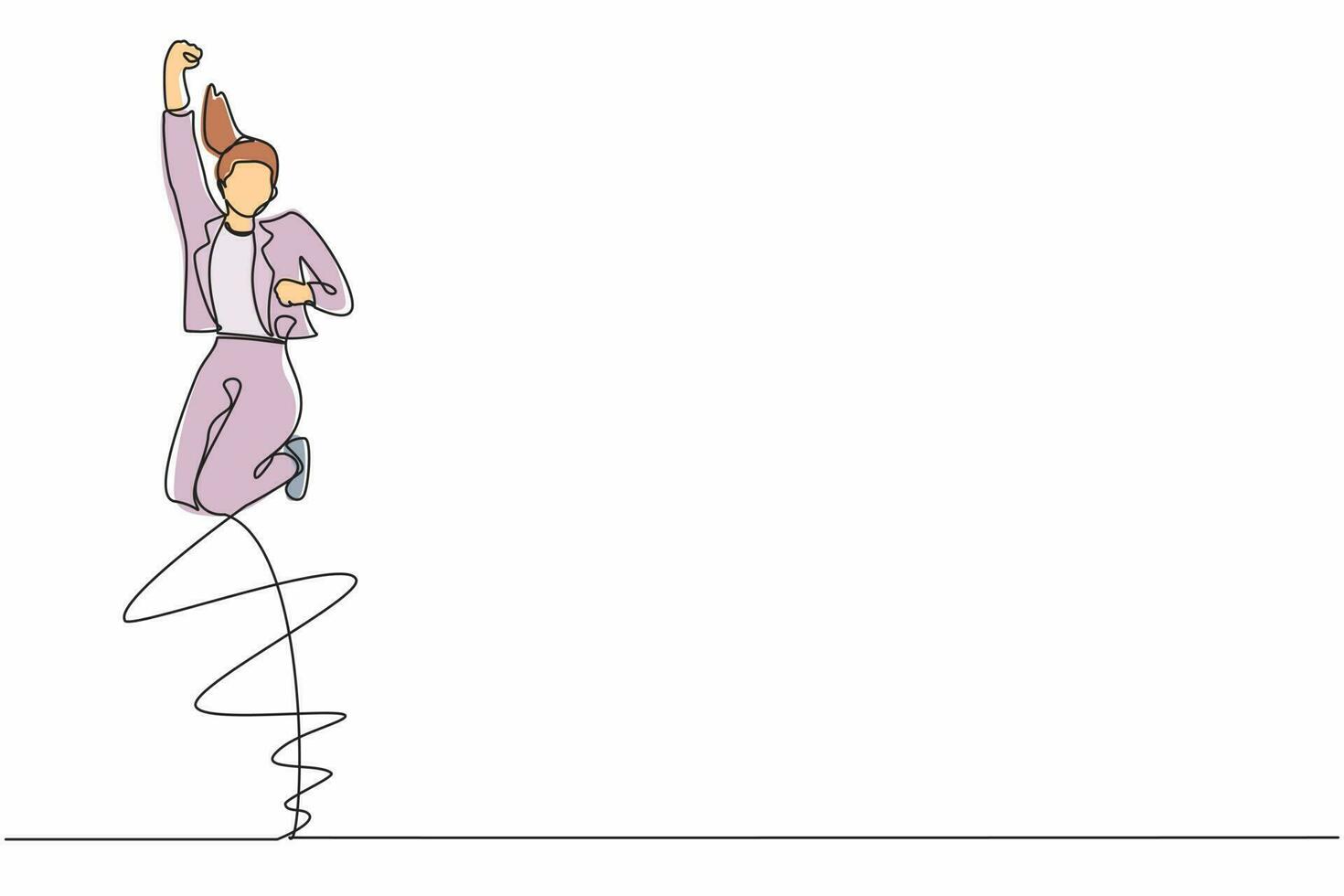 Single continuous line drawing happy businesswoman jump with folds one leg and raises one hand. Female manager celebrating success of increasing company product sales. One line graphic design vector