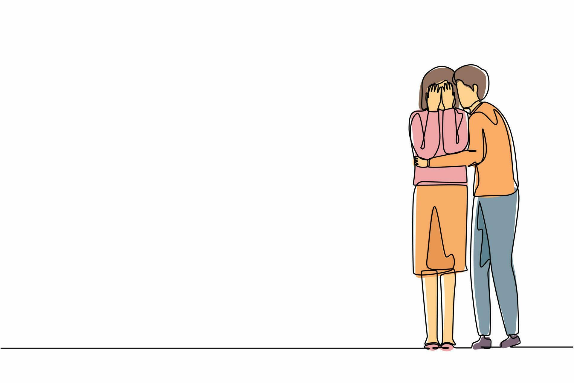 Single one line drawing man comforting her crying best friend