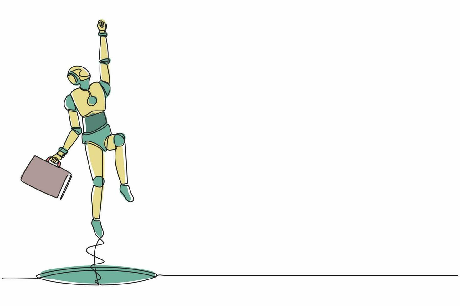 Continuous one line drawing robot flying with briefcase coming out of holes. Humanoid robot cybernetic organism. Future robotics development concept. Single line design vector graphic illustration