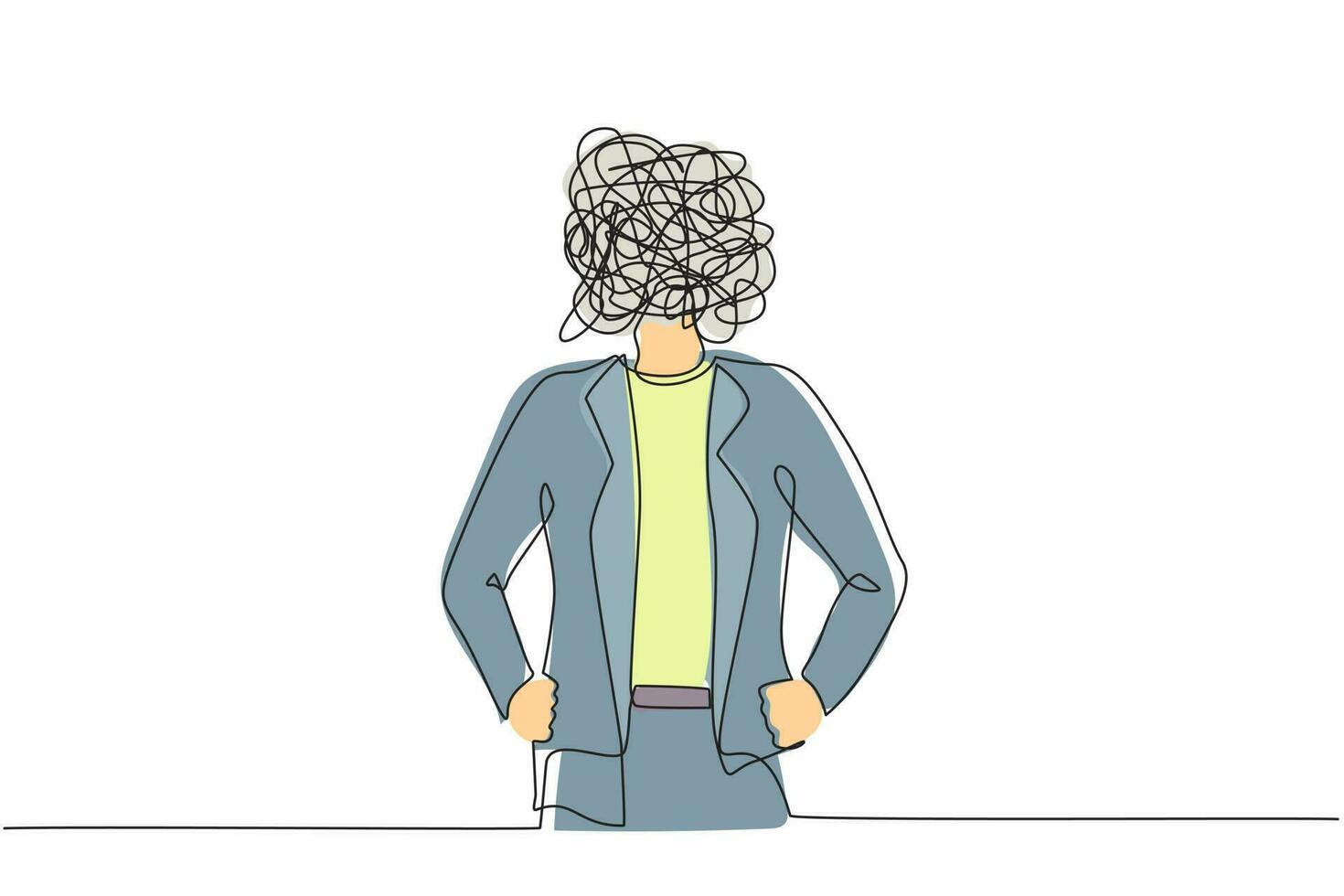 mujer de negocios de dibujo de una sola línea con garabatos redondos en lugar de cabeza. gerente ejecutiva femenina en blazer de pie y sosteniendo la mano en la cadera. ilustración de vector gráfico de diseño de dibujo de línea continua