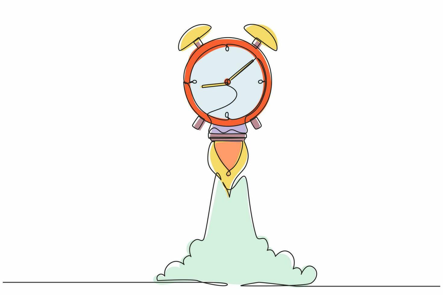 Single one line drawing rocket launch with big alarm clock. Future technology development. Artificial intelligence and machine learning process. Continuous line draw design graphic vector illustration