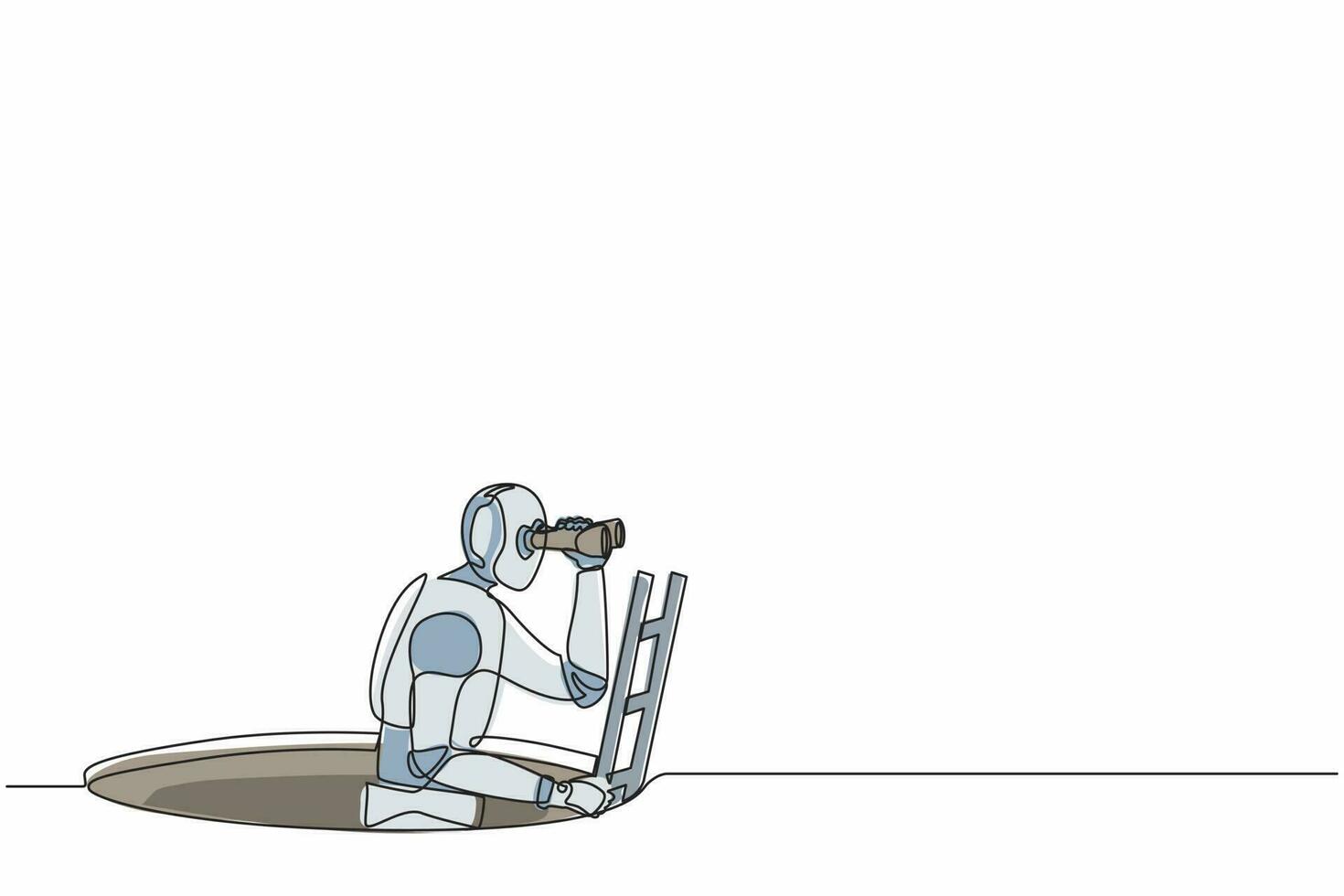 Single continuous line drawing robot climbs out of the hole by ladder and using binocular. Robotics artificial intelligence technology. Electronic technology. One line draw design vector illustration