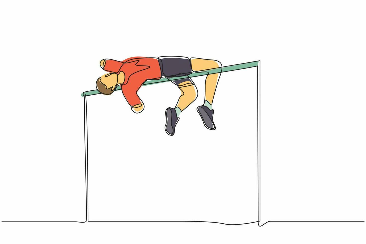 Continuous one line drawing disabled man doing exercise and become champion high jumper with amputee arms. Disability sport, invalid person playing athletic game. Single line design vector graphic