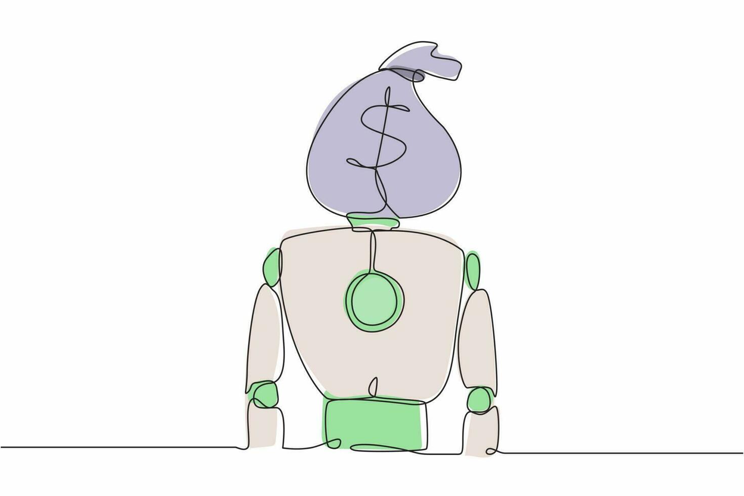 Single one line drawing robot with money bag instead of head. Future technology development. Artificial intelligence and machine learning process. Continuous line design graphic vector illustration