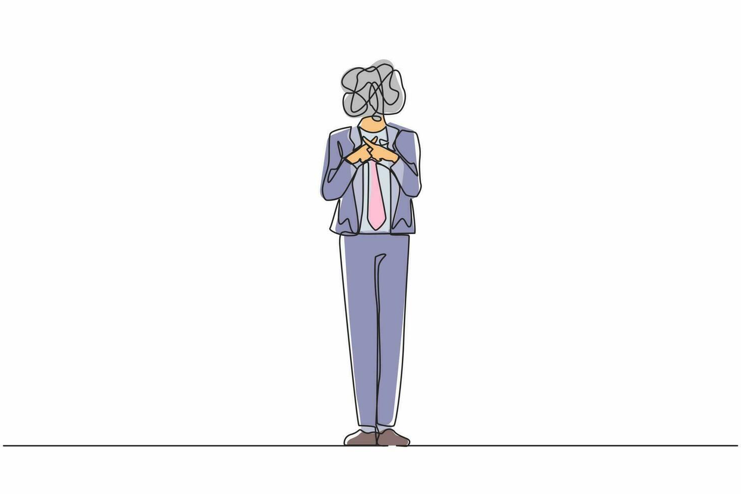 Single continuous line drawing businessman with round scribbles instead of head. Male manager hand making sign crossing fingers forming x. Cross, wrong, banned. Say no. one line draw design vector