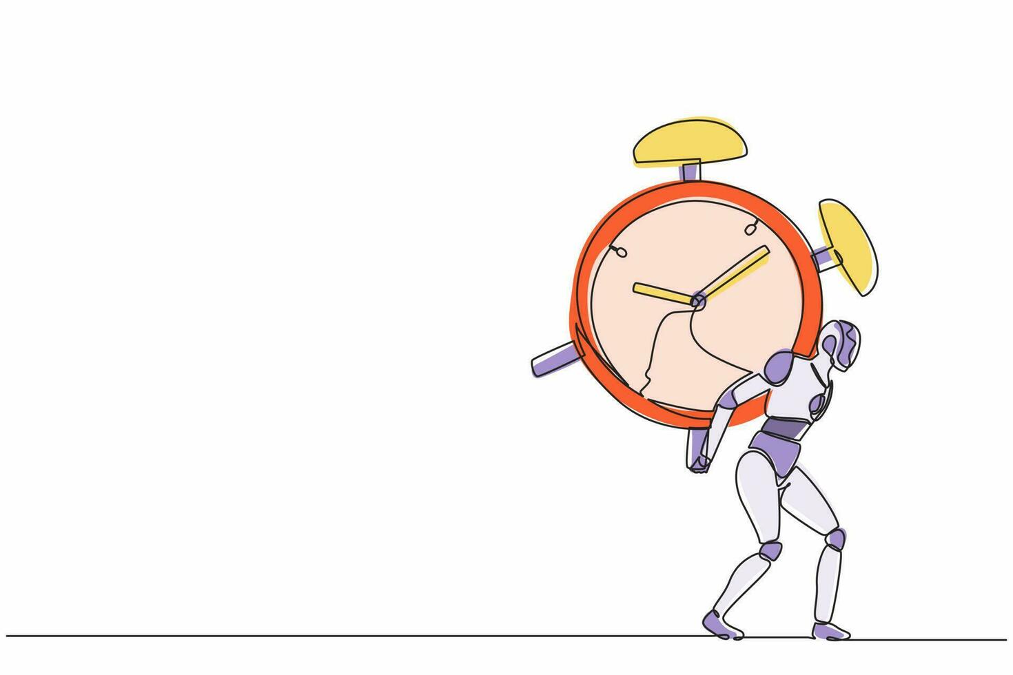 Continuous one line drawing robots standing and carry heavy huge alarm clock. Humanoid robot cybernetic organism. Future robotics development concept. Single line design vector graphic illustration