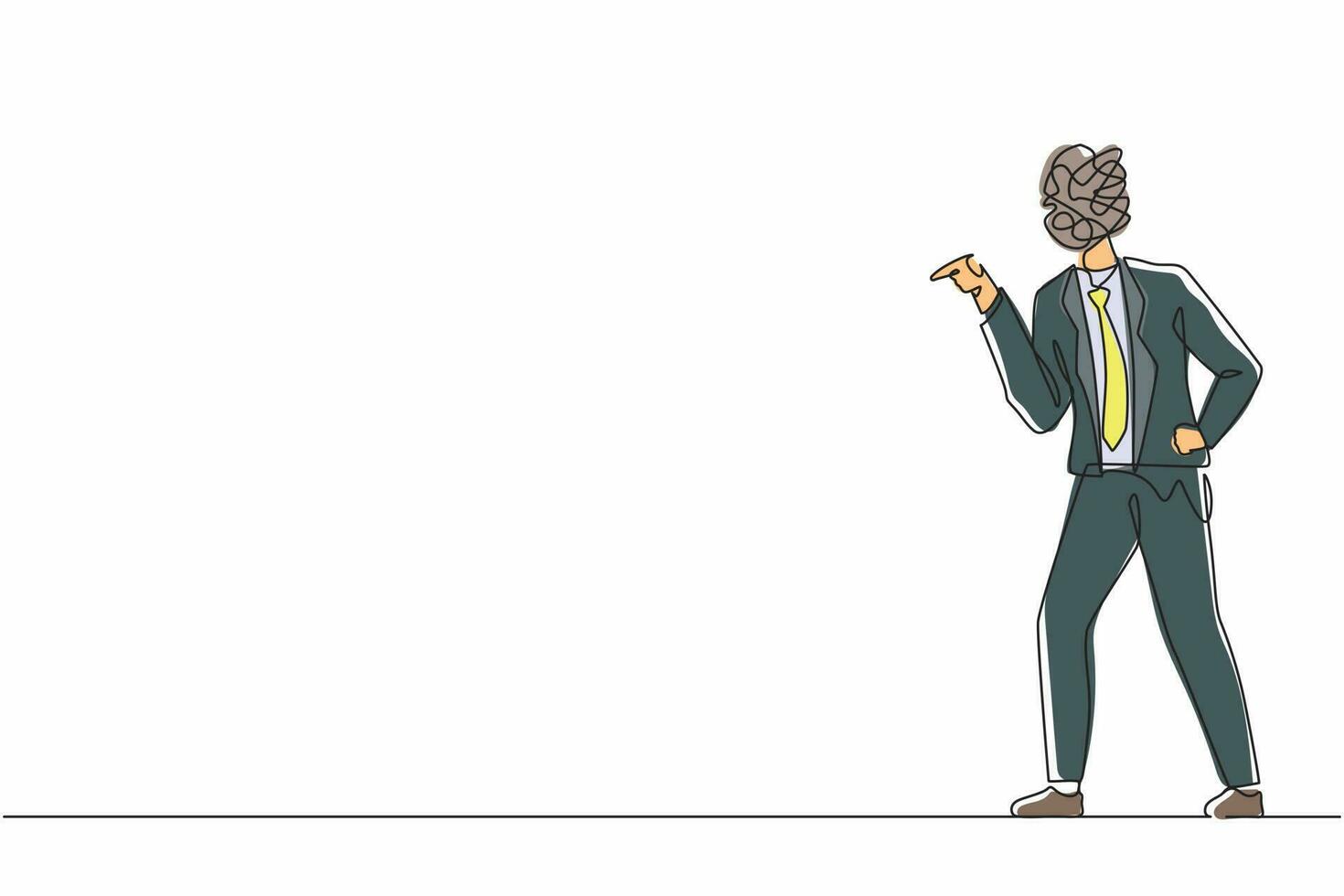 Continuous one line drawing businessman with round scribbles instead of head. Angry male arguing, conflicting. Quarrel, fight aggressive person. Blaming, criticizing. Single line draw design vector