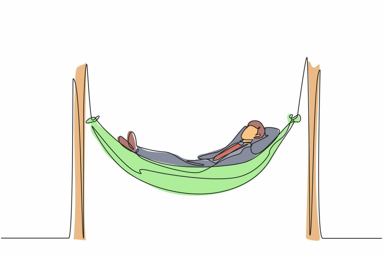 Single one line drawing young businessman is lying in hammock and dreaming about big money. Comfort and recreation. Achieve financial freedom. Continuous line draw design graphic vector illustration