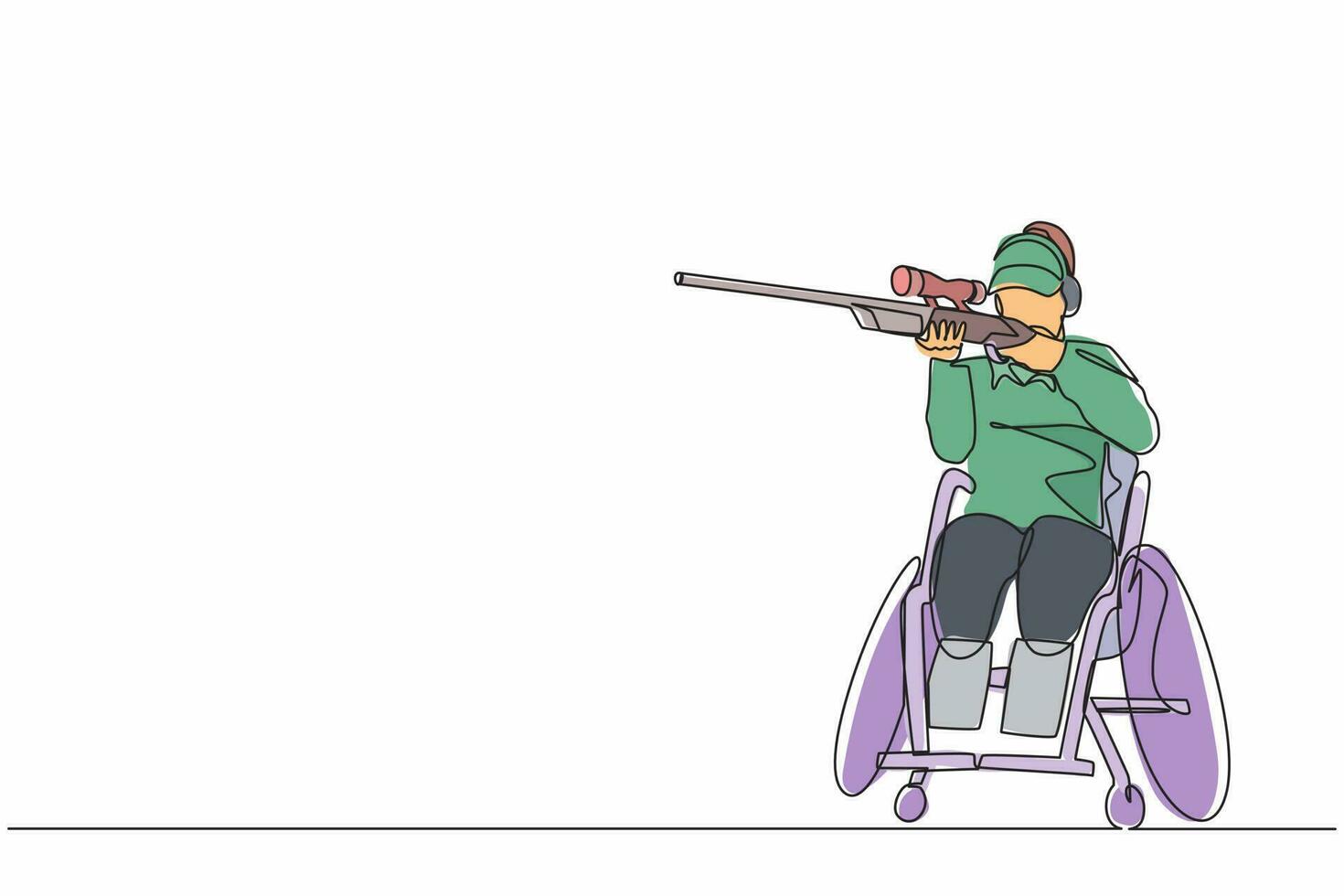 Continuous one line drawing  female athlete on wheelchair shooting sport competition with shotgun. Hobbies and interests of people with disabilities. Single line draw design vector graphic