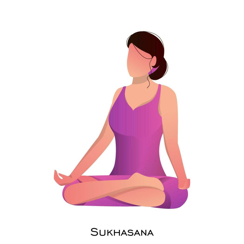 joven mujer sentado en meditación o sukhasana pose. vector