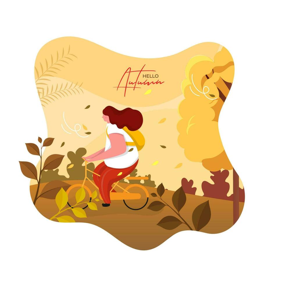 Vector illustration of woman riding bicycle on forest background for Hello Autumn poster or banner design.