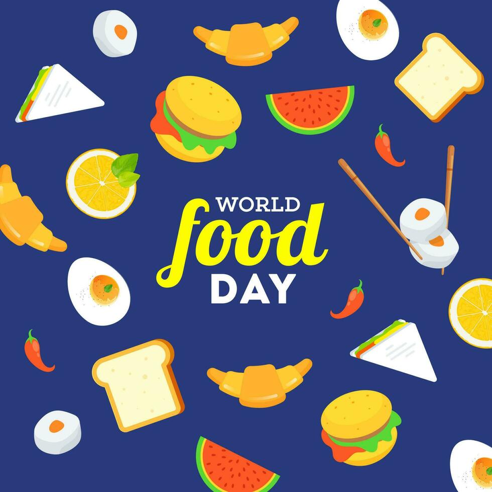 World Food Day poster or template design decorated with food elements such as burger, watermelon, lemon, croissant, sandwich and boiled egg on blue background. vector