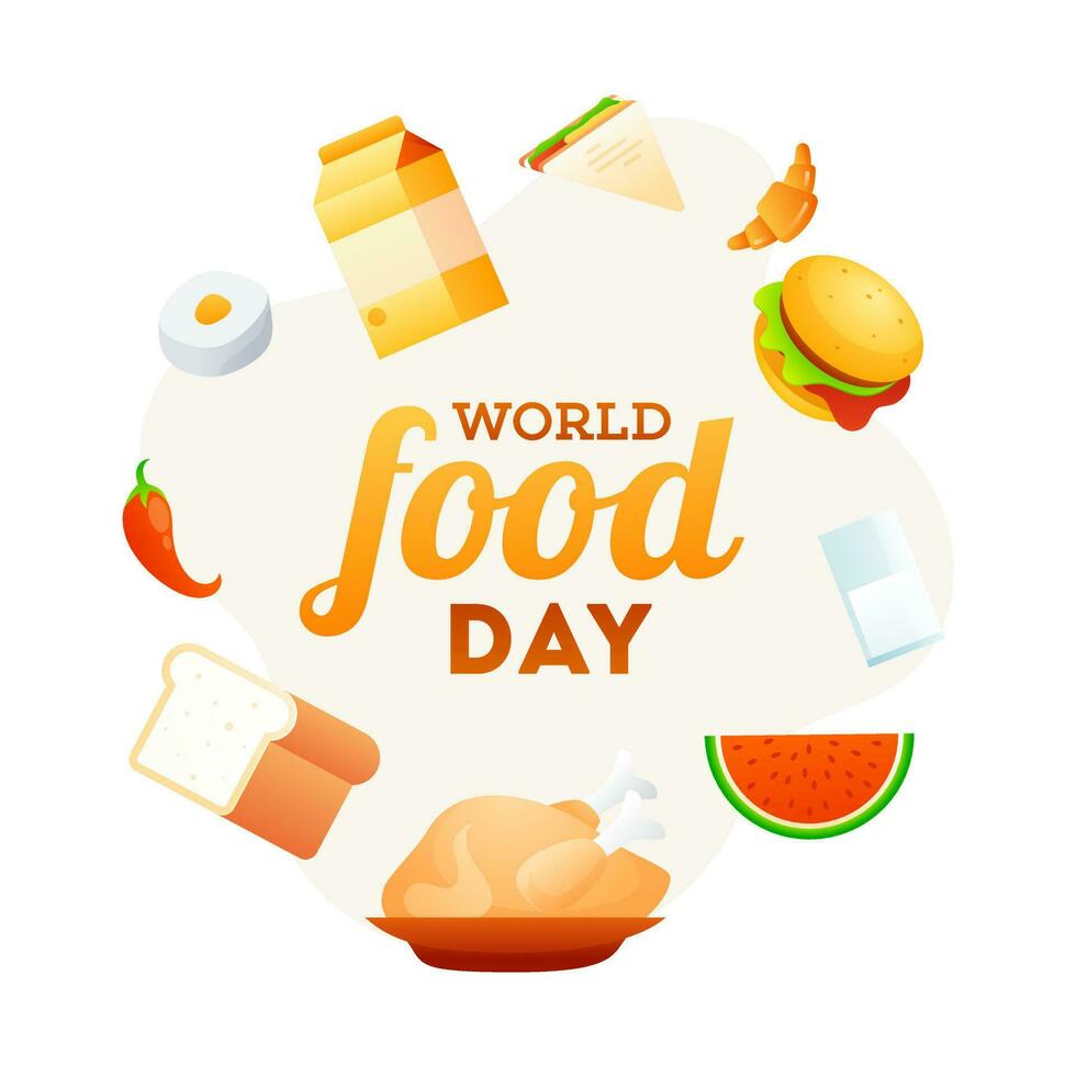 World Food Day poster or template design decorated with food elements like as burger, sandwich, watermelon, chicken, bread, croissant and package on white background. vector