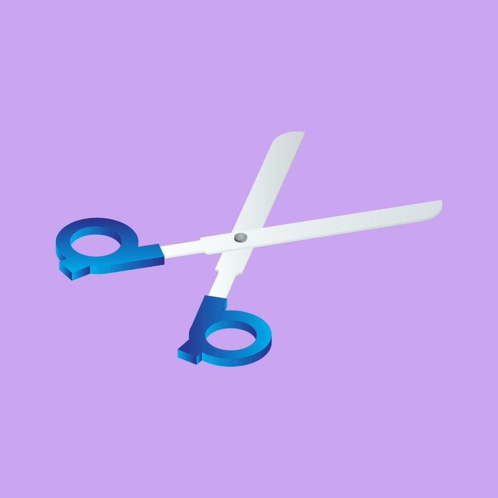 Isometric illustration of scissors on purple background. vector