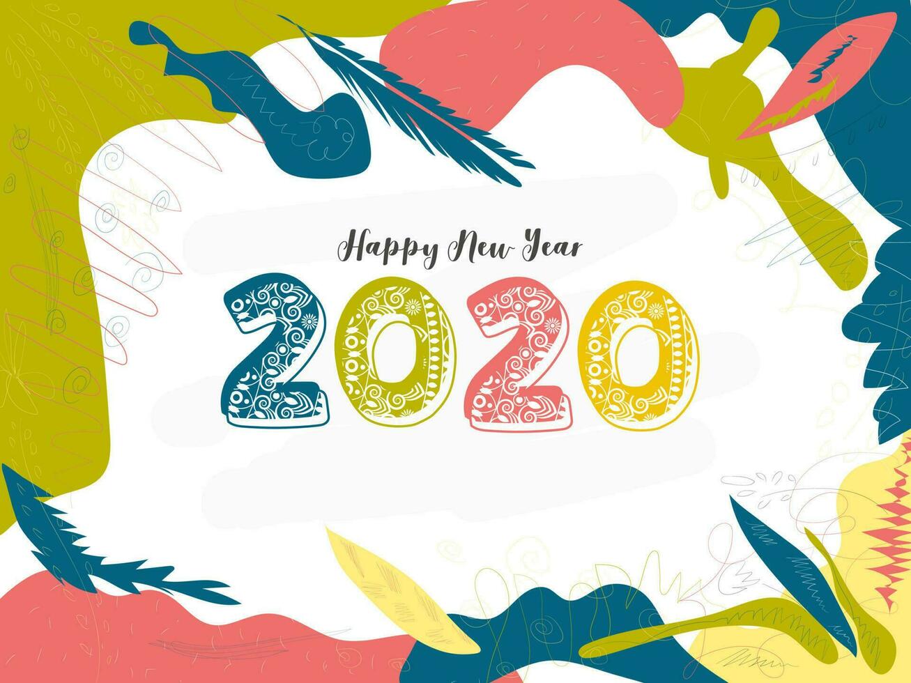 Flat style greeting card design with 2020 text made by floral pattern on abstract colorful leaves background for Happy New Year celebration. vector
