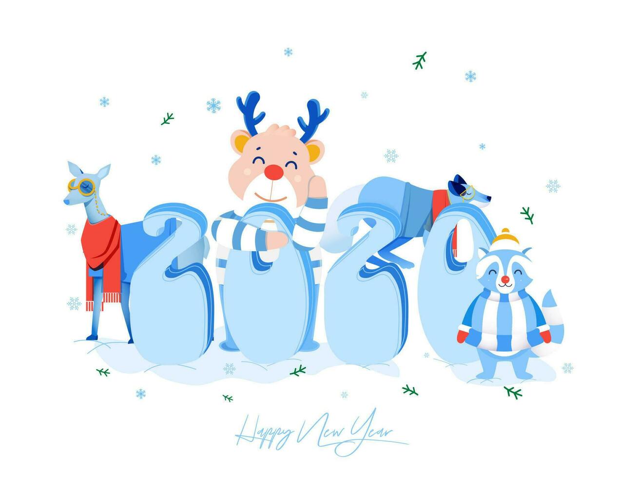 Stylish Blue 2020 Text with Reindeer, Deer, Raccoon Dog and Fox Character on White Background for Happy New Year Celebration. vector