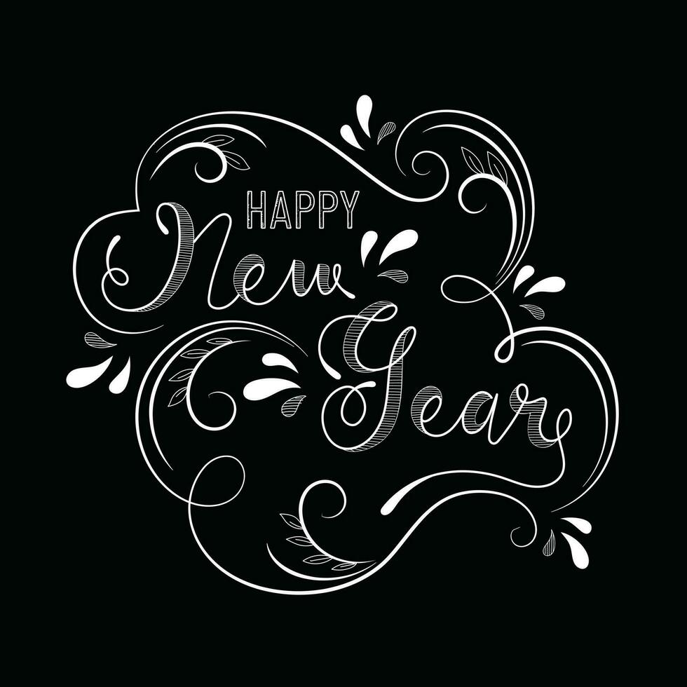 dibujar caligrafía de contento nuevo año en negro antecedentes. lata ser usado como saludo tarjeta diseño. vector