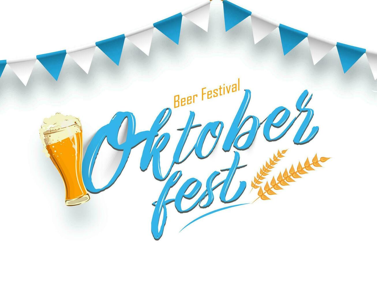 Creative banner or poster design, stylish text Oktoberfest Beer Festival decorated with wine glass, wheat and party flag on white background. vector