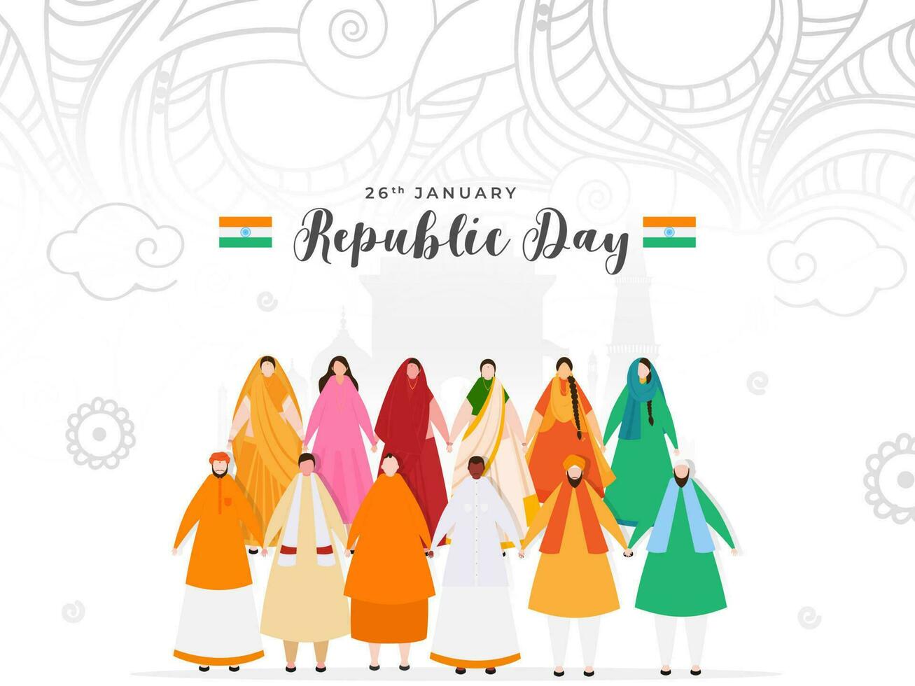 Different religion people showing Unity in Diversity of India on doodle style floral design background for 26th January, Republic Day. vector