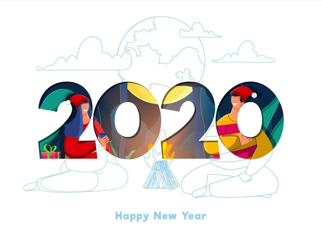 Paper Cut 2020 Text with Young Couples Enjoying Drinks and Bonfire on White Background for Happy New Year Night Concept. vector