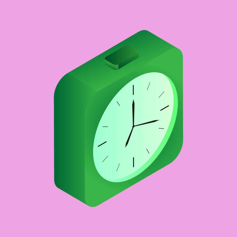Isometric alarm clock in green color on pink background. vector