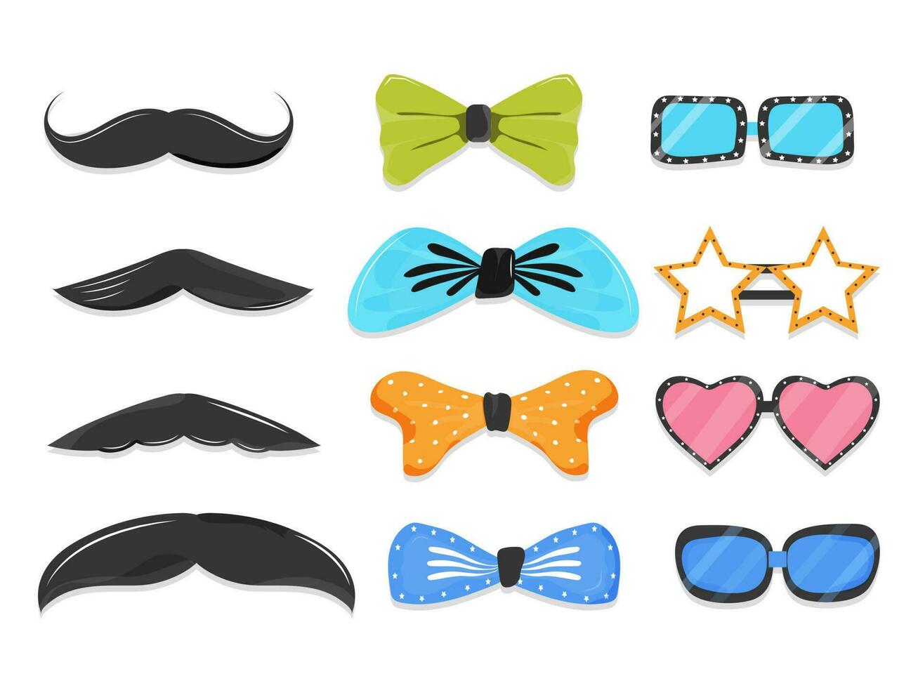 Set of Party props element such as mustache, bow tie, glasses in different style. vector