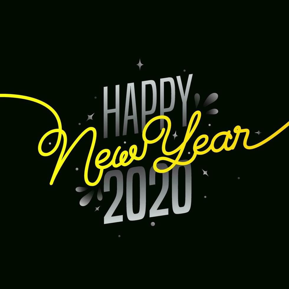Grey and Yellow Text of Happy New Year 2020 on Black Background. vector