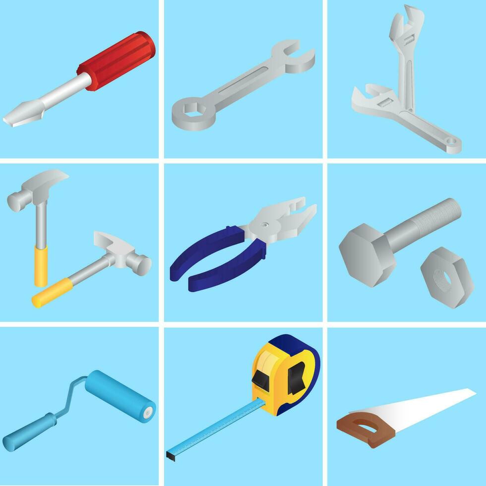 Collection of repairing tools or objects on blue background. vector