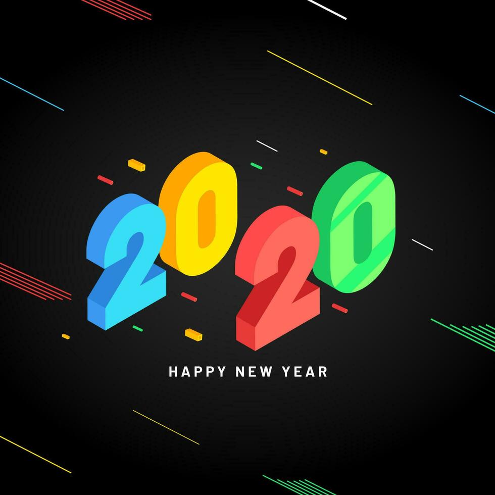 Colorful 3d text 2020 and abstract elements on black background for Happy New Year celebration. vector