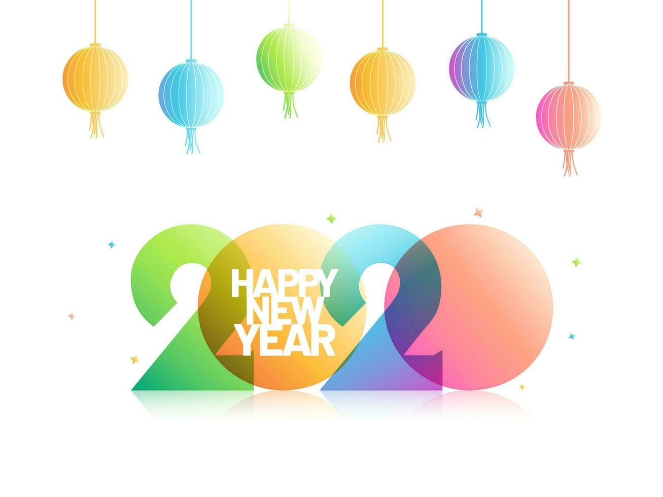 Happy New Year 2020 text on white background decorated with hanging colorful lanterns. vector