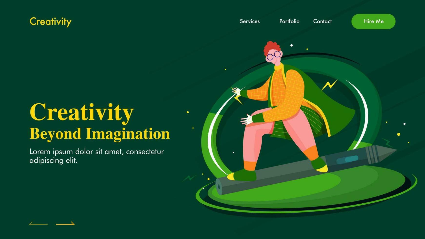 Character of man imaginary flying on pencil for Creativity Beyond Imagination concept based landing page design. vector