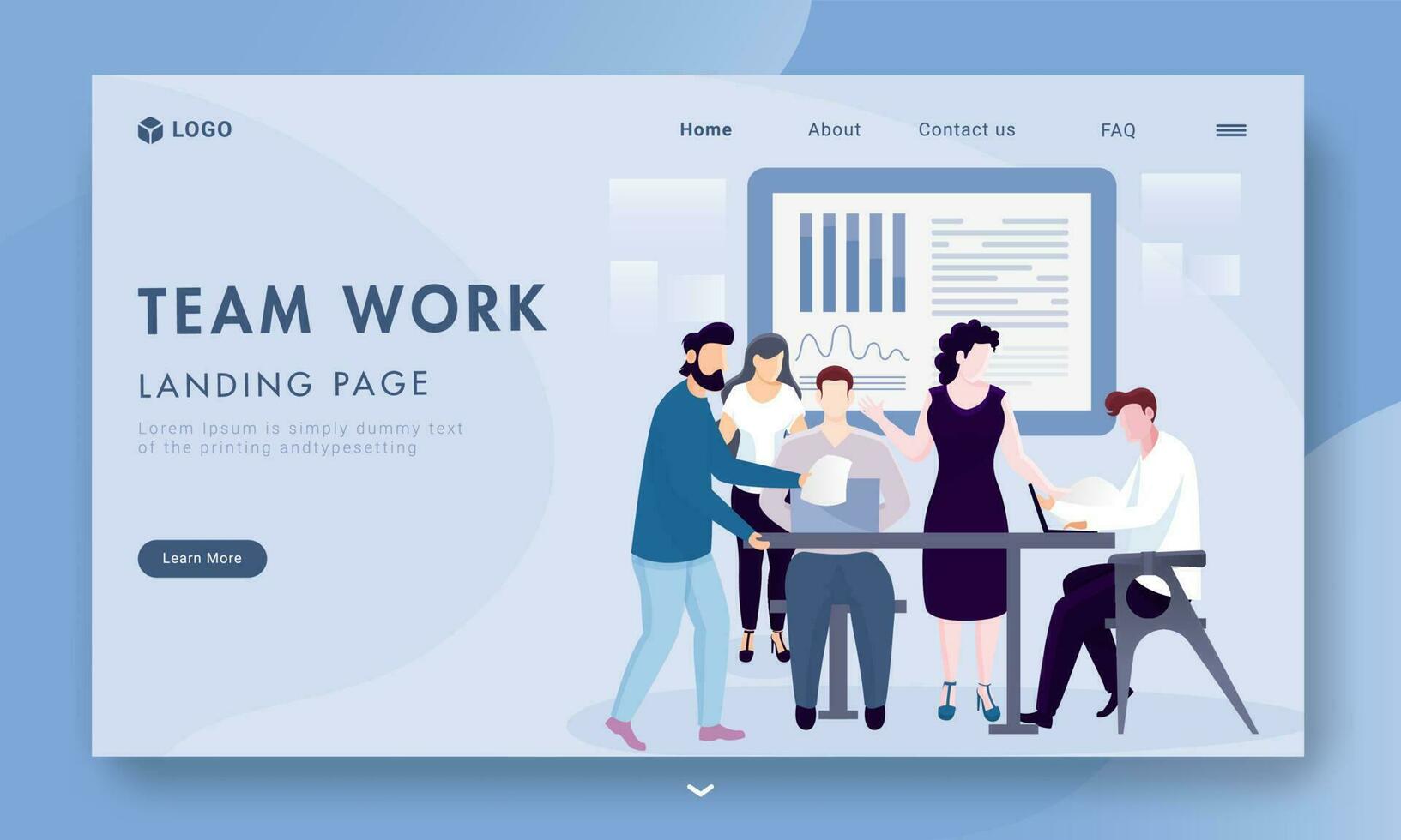 Business people working together on workplace with infographic presentation for Teamwork concept based landing page design. vector