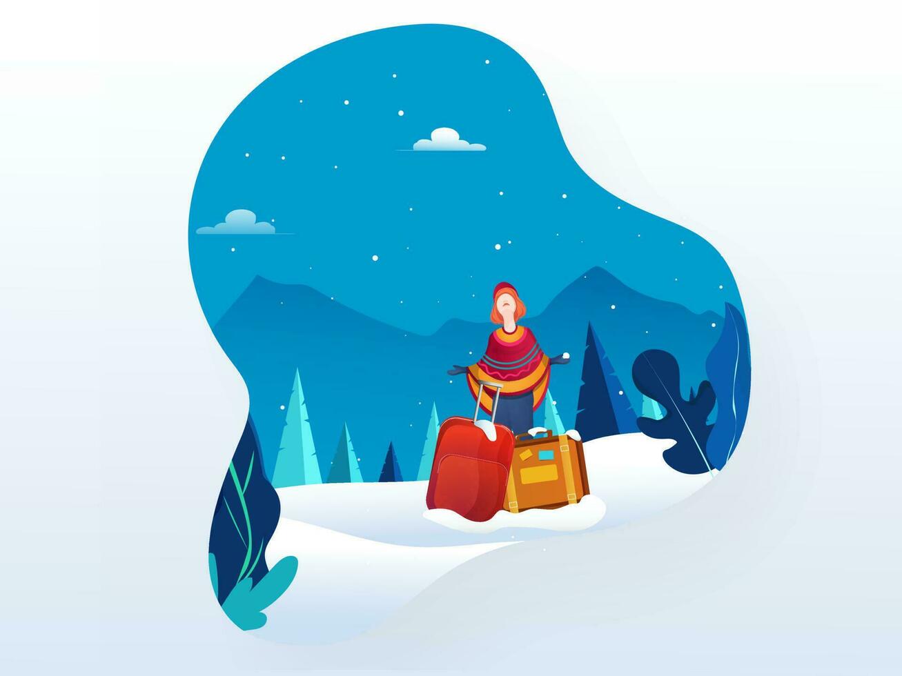 Tourist young girl enjoying snowfall with luggage bag on nature landscape background for Winter Vacation. vector