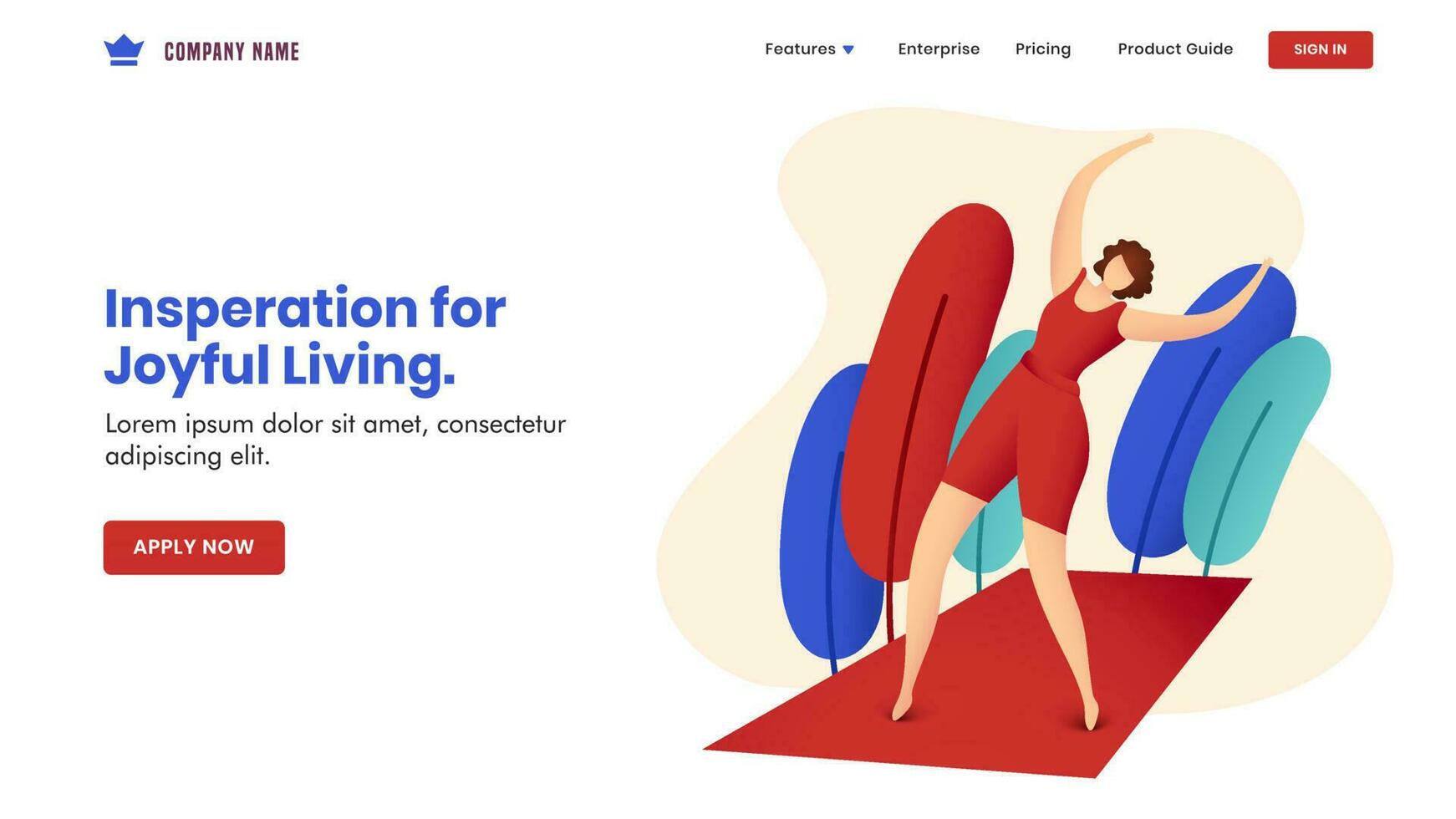 Inspiration For Joyful Living concept based landing page design with faceless woman doing exercise on red mat with nature view. vector