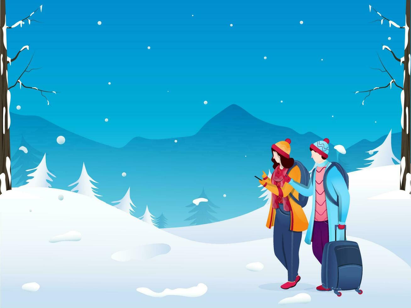 Young tourist boy and girl character using phone with luggage bag on winter landscape background. vector