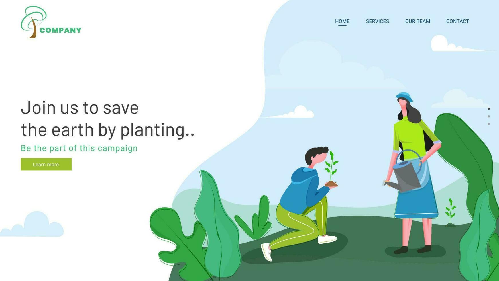 Illustration of young boy and girl gardening on nature field for join to save the earth by planting. Landing page design. vector